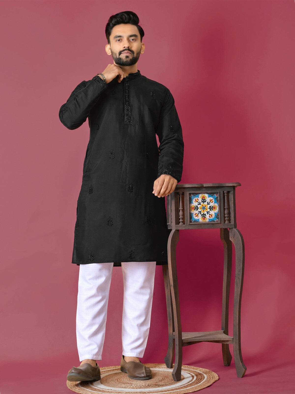 Men's Wedding Kurta with Embroidery & Long Cotton Pajama - Silk Bandhani
