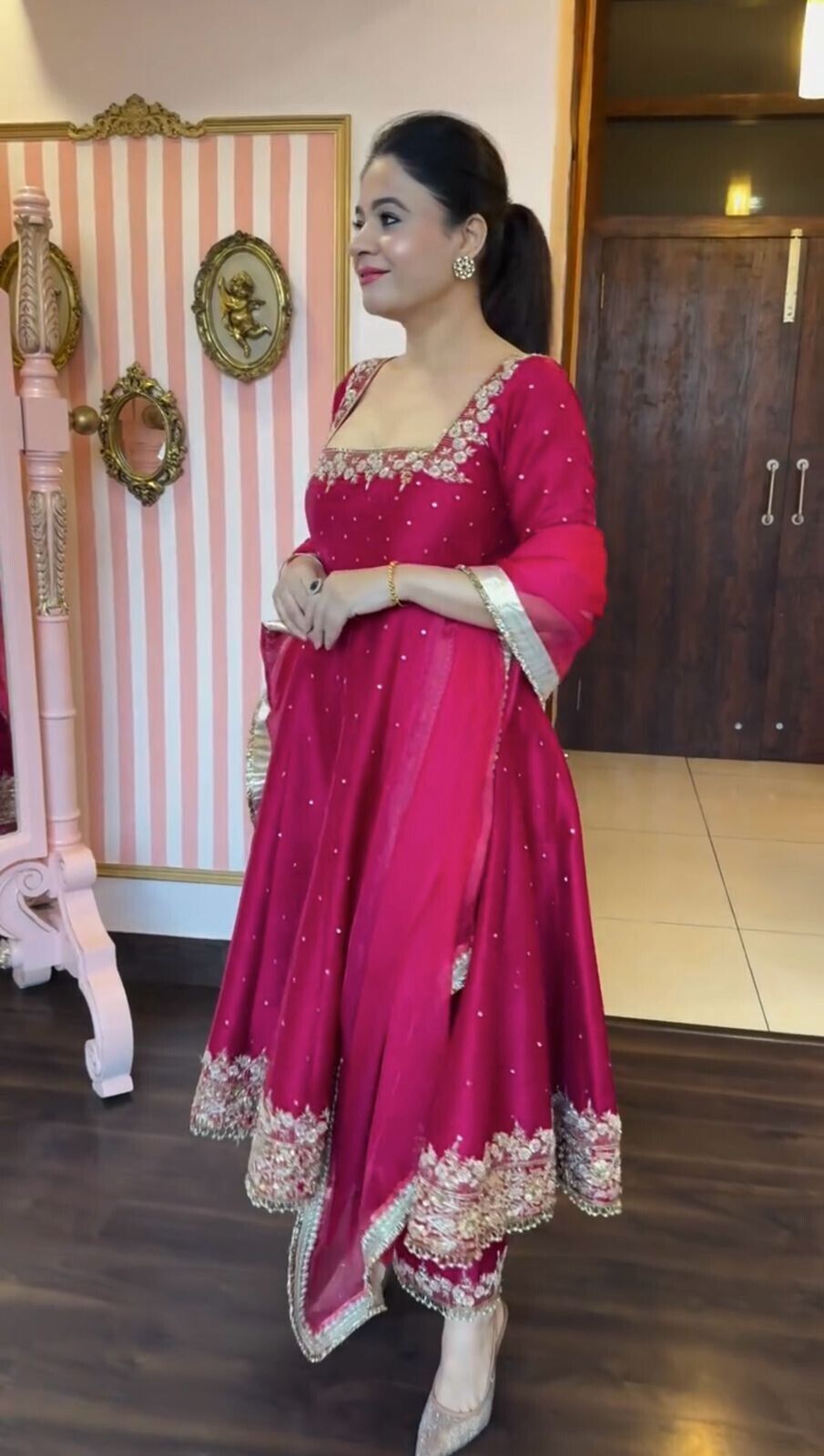 Indian Organza Taby Silk Anarkali Gown Set with Digital Print & Handwork