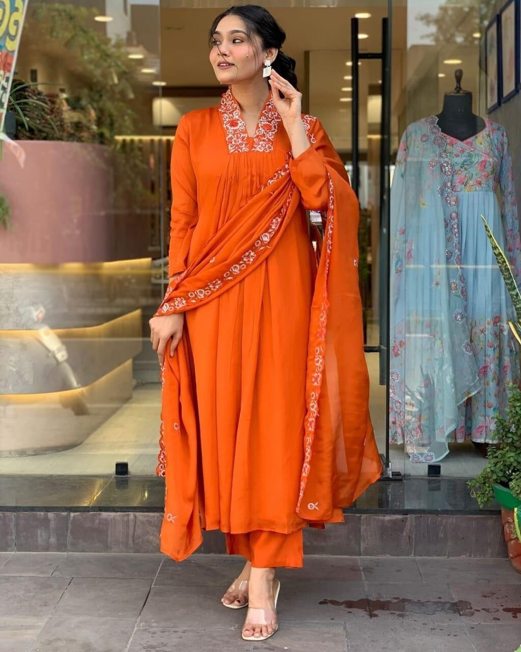 Designer Flared women anarkali Gown Set 3 PC long suit Indian Fabric Cotton 60