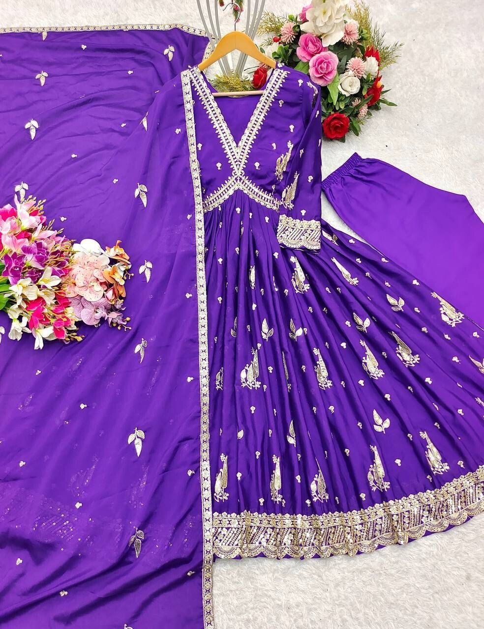Chinnon Silk Flared Anarkali Gown pant Dupatta Indian Dress designer Stitched