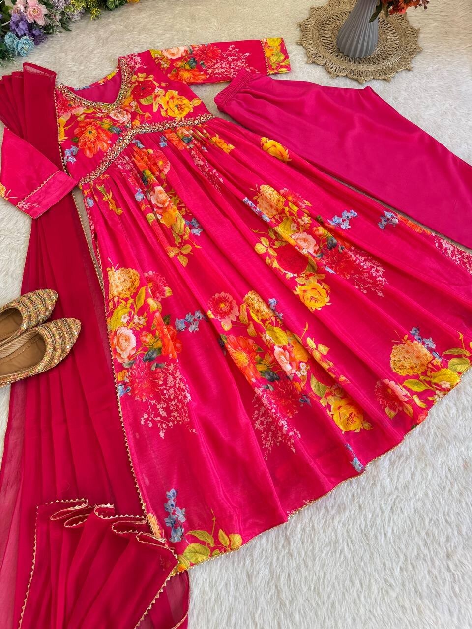 Chinon silk Indian Floral Anarkali Full length flared Gown Set – Readymade