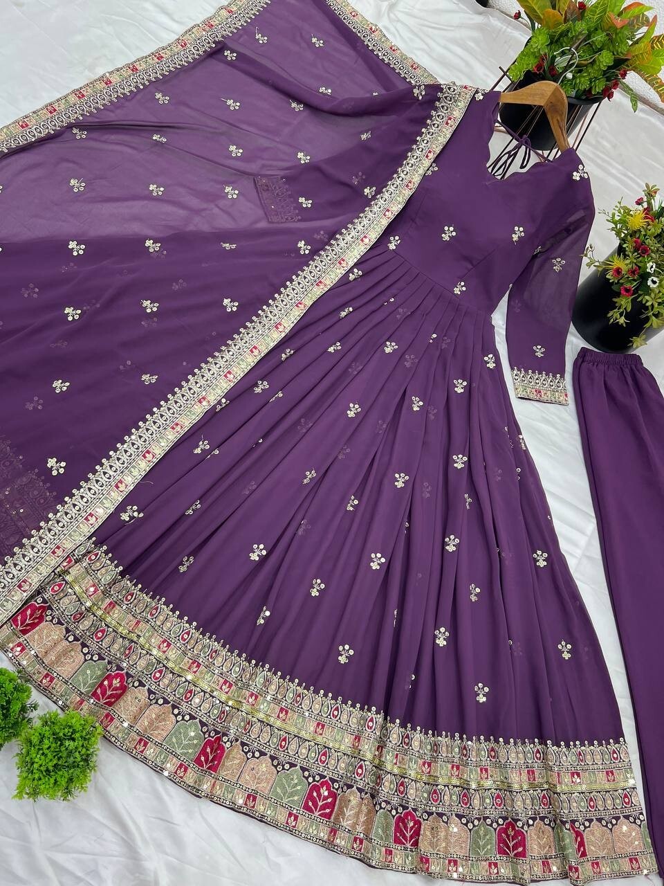 Georgette Pakistani Anarkali Gown Salwar Kameez Set with Embroidered Net
