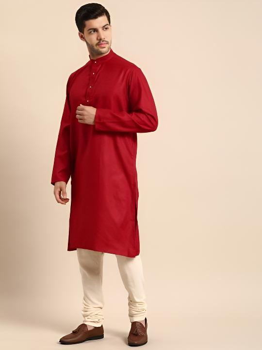 Party Wear Pure Cotton Pakistani Men’s  Shirt Long  Kurta Pajama Pooja Kurta Red
