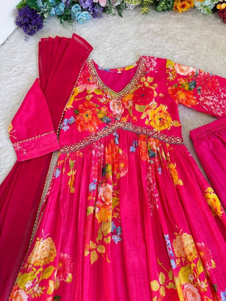 Chinon silk Indian Floral Anarkali Full length flared Gown Set – Readymade