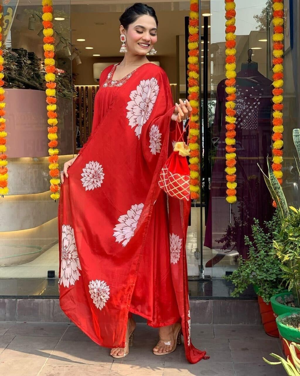 Women’s Red Cotton Anarkali Gown Suit – Bollywood Wear, Pakistani Designer Style