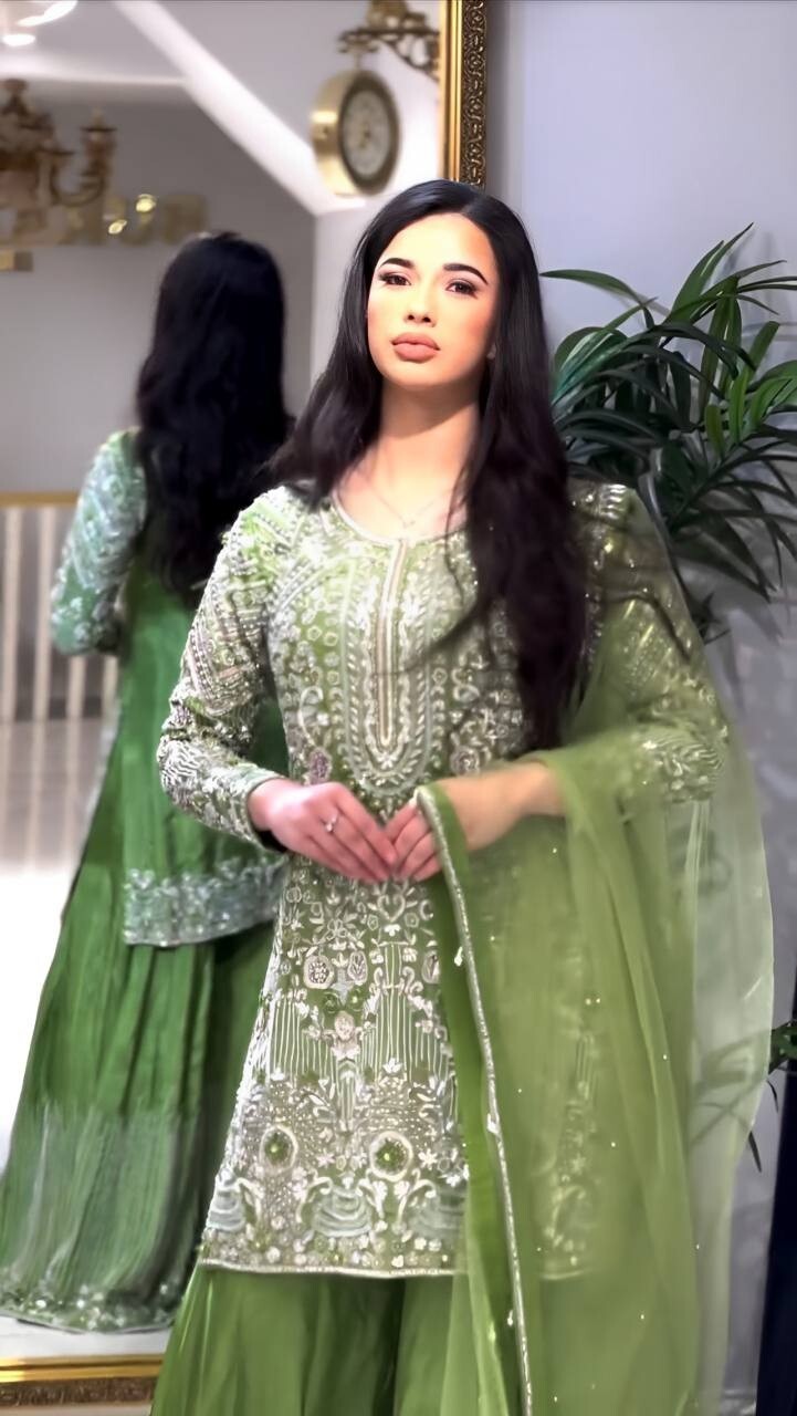 Indian Green Chinnon Silk Sharara Palazzo Salwar Kameez Set with Net Dupatta