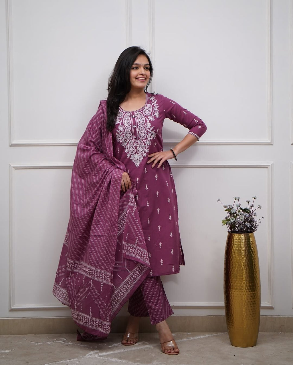 Embroided Floral Printed kurta  Salwar Kameez Suit Set Indian Fabric Cotton 60