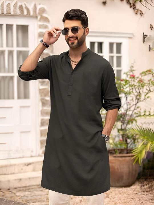 Traditional Indian Kurta Cotton Plain Solid Mens Shirt Tunic Long Sleeve Black