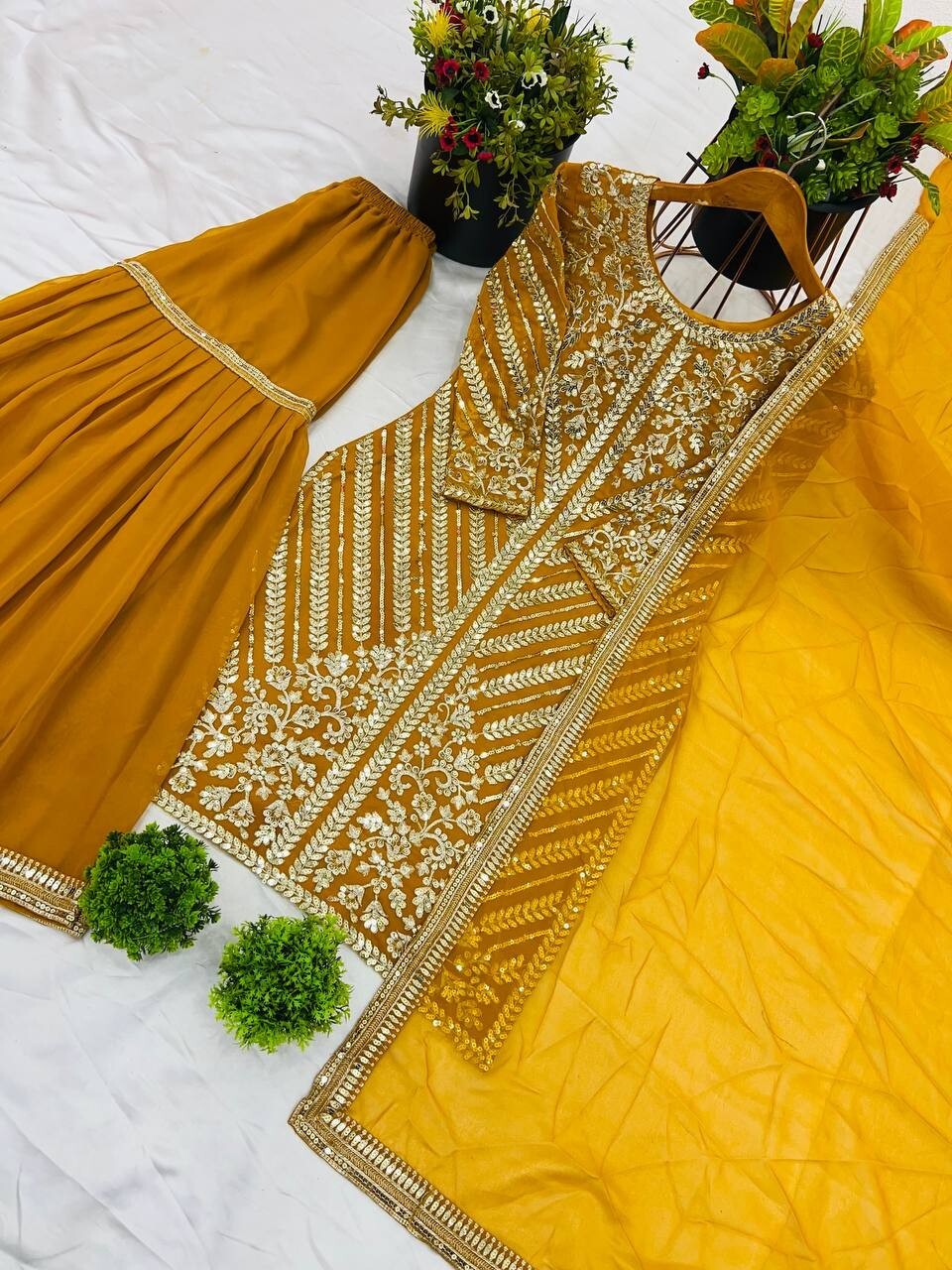 Yellow Georgette Sharara suirt Kameez with Dupatta for Women & Girls (3PC Set)