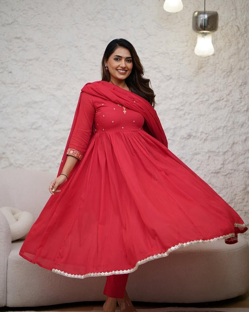 Indian Women Red Cotton Floral Printed Anarkali Flared Kurta Kurti Long Dress