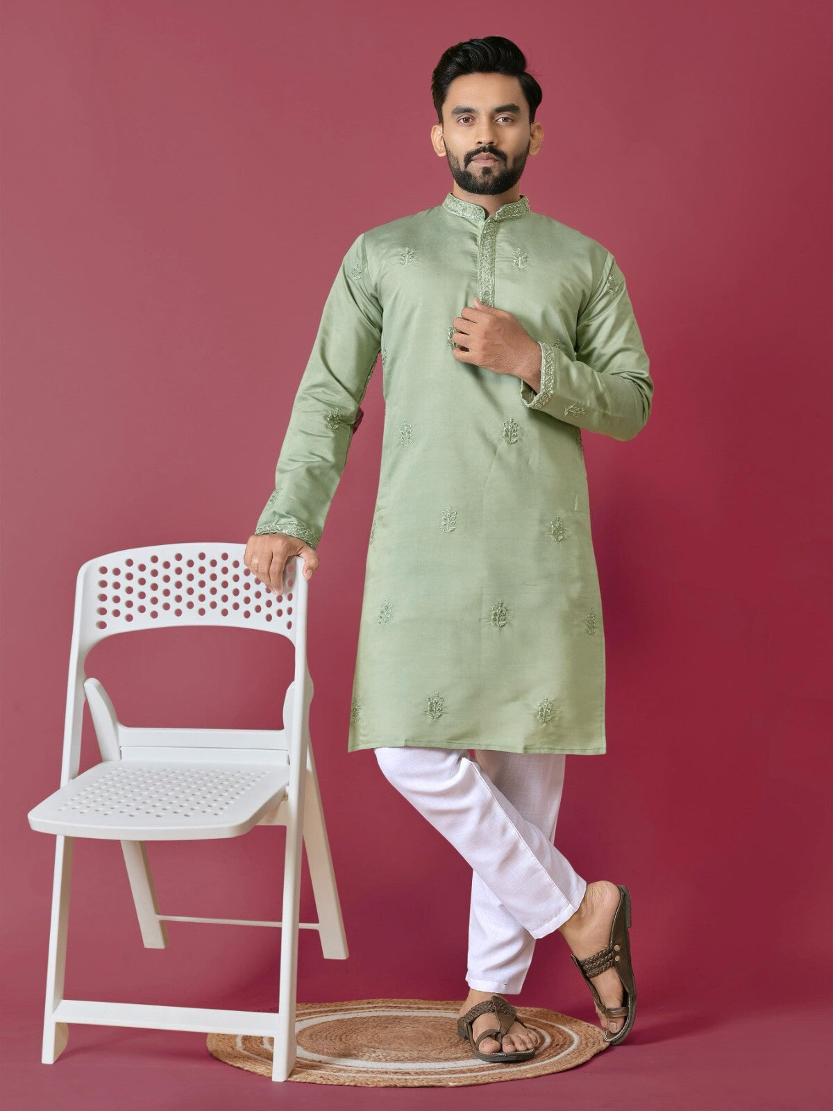 Men's Wedding Kurta with Embroidery & Long Cotton Pajama - Silk Bandhani