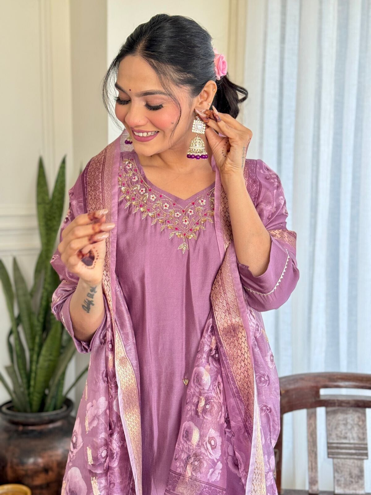 Women Elegant Romen Silk Kurta Pant  Chanderi Dupatta Salwar kameez suit