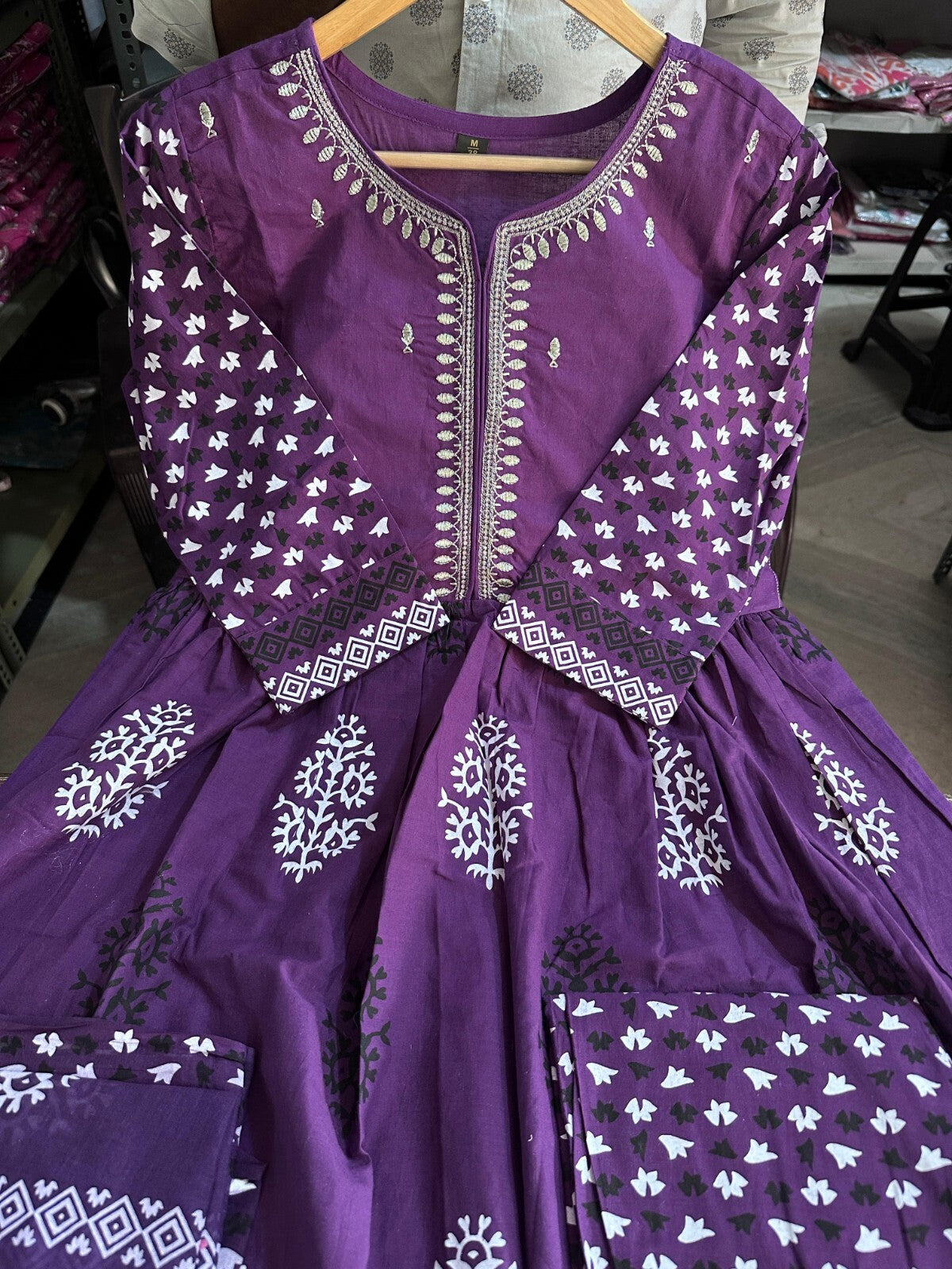 Indian Women Purple Cotton Floral Printed Anarkali Flared Kurta Kurti Long Dress