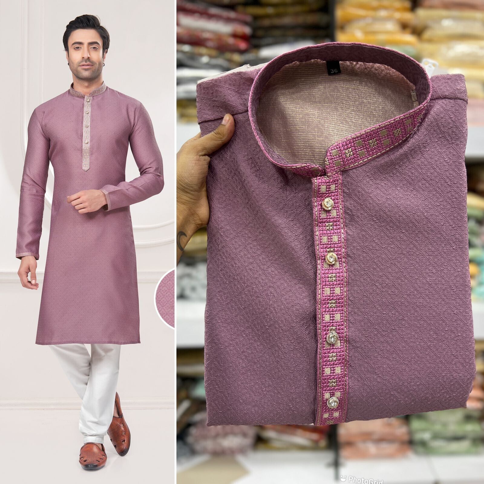 Men's Black Long Silk Kurta Pajama Indian Wedding 2 Piece Set Wedding Kurta