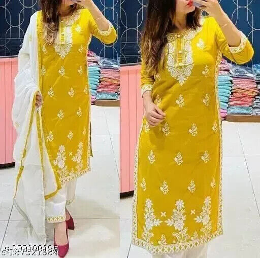 Embroided Cotton Straight kurta Salwar Kameez Suit Set Fabric pant duppatta