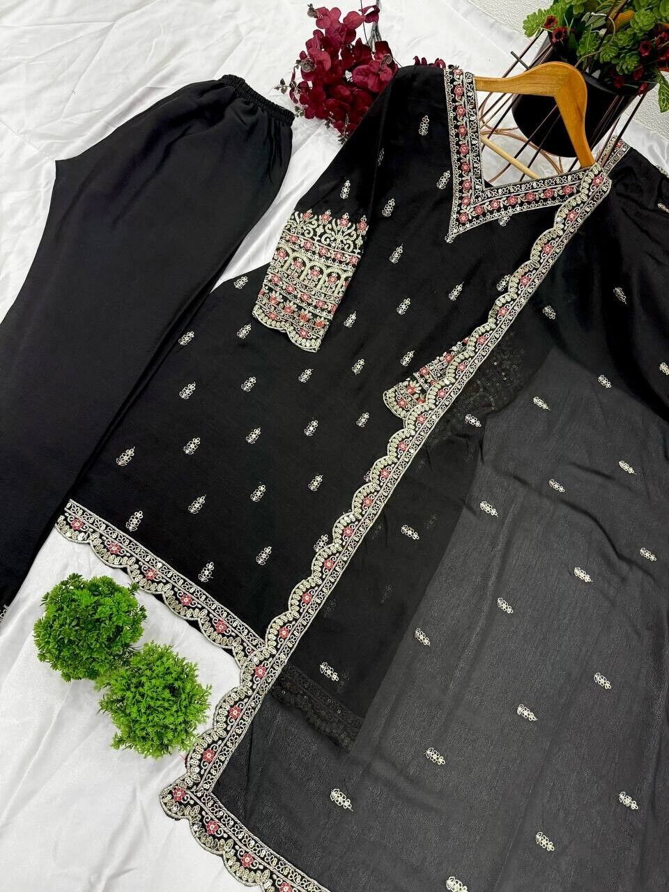 Designer Black Chinnon Silk Salwar Kameez –  Embroidered Suit for parties