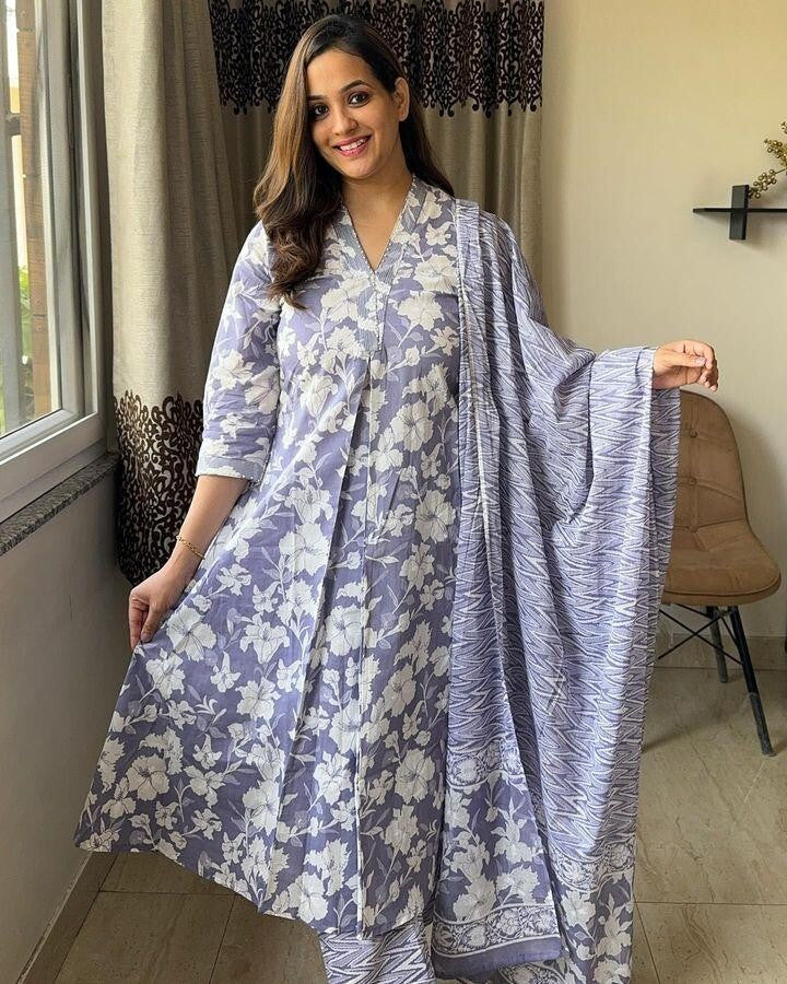 Floral Wedding Anarkali suit  Women, Readymade pant Kurta, suit 3Pc Set Cotton