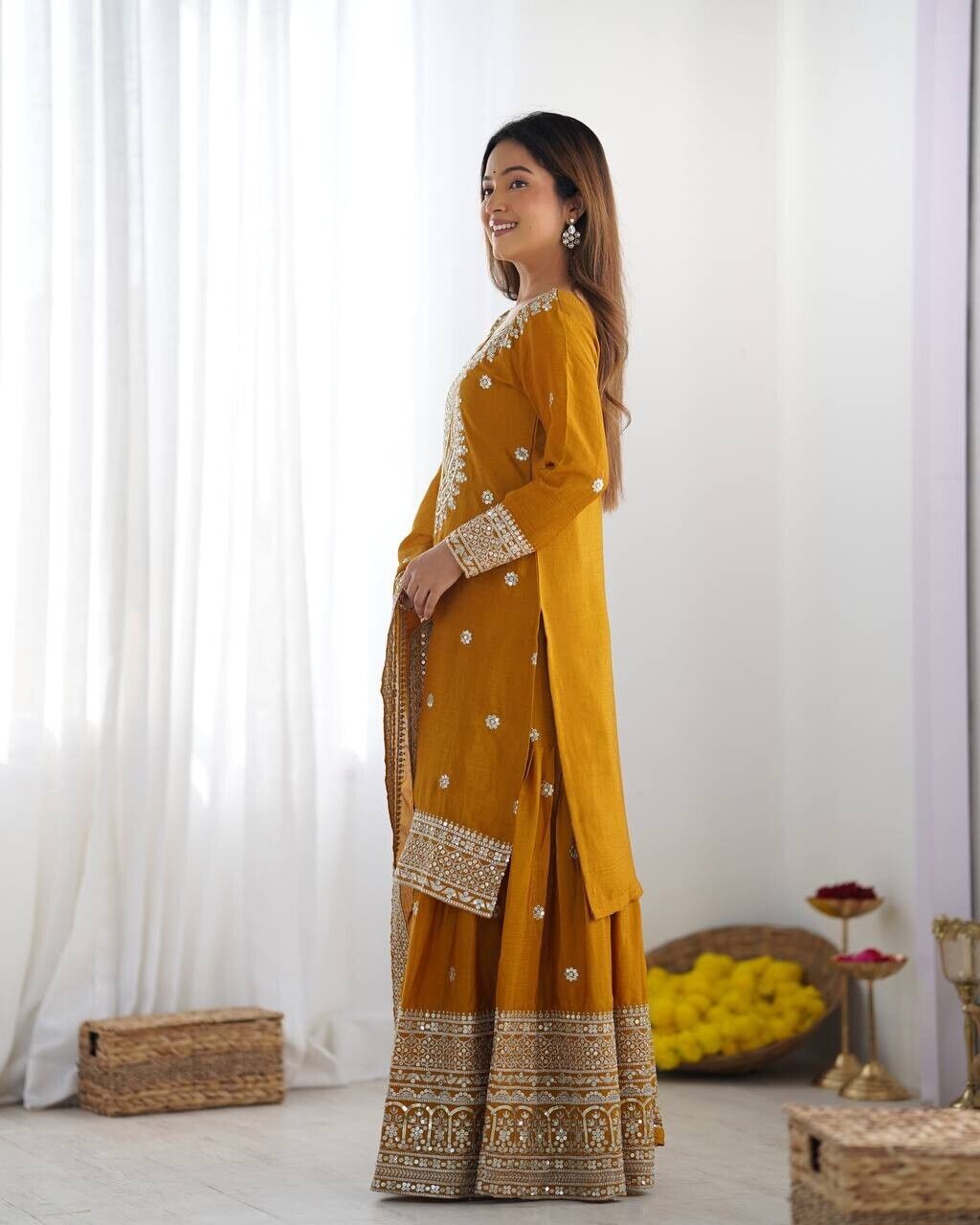 Chinnon Silk Punjabi Sharara Palazzo Salwar Kameez Set with Lace Border Dupatta