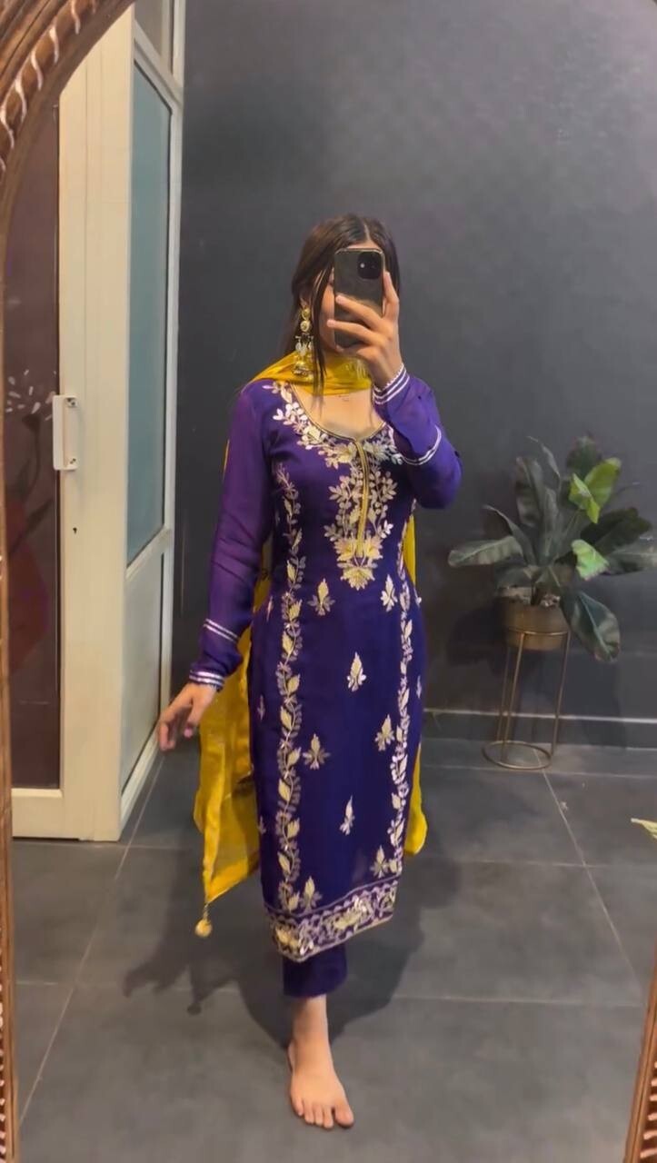 Chinnon Silk  Salwar Kameez Pakistani Dress Ready To Wear Suits Indian Embroided
