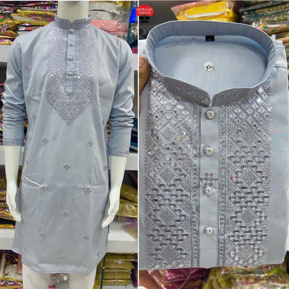 Indian Pakistani Silk Long Kurta Pajama Embroidery Readymade Men's Wedding Dress