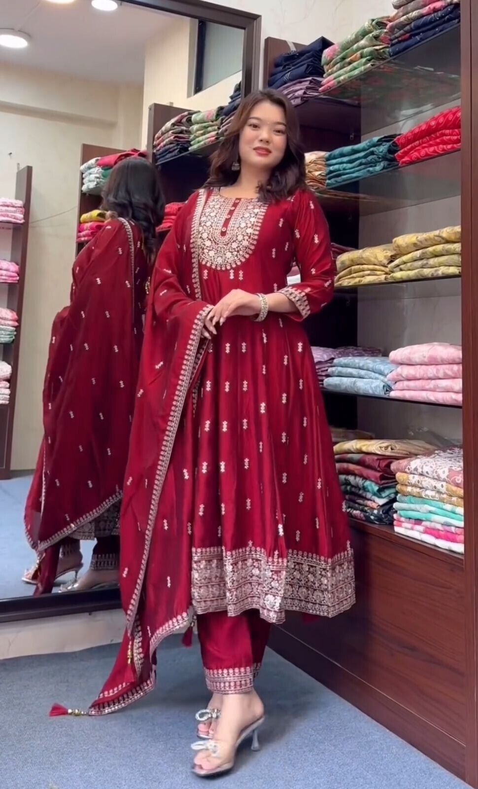 Chinon silk red Flared Anarkali Gown , Full Length Suit With Pant duppatta