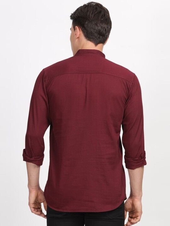 Traditional Indian Short Kurta Cotton Solid  Mens Shirt Tunic Long Sleeve Marron