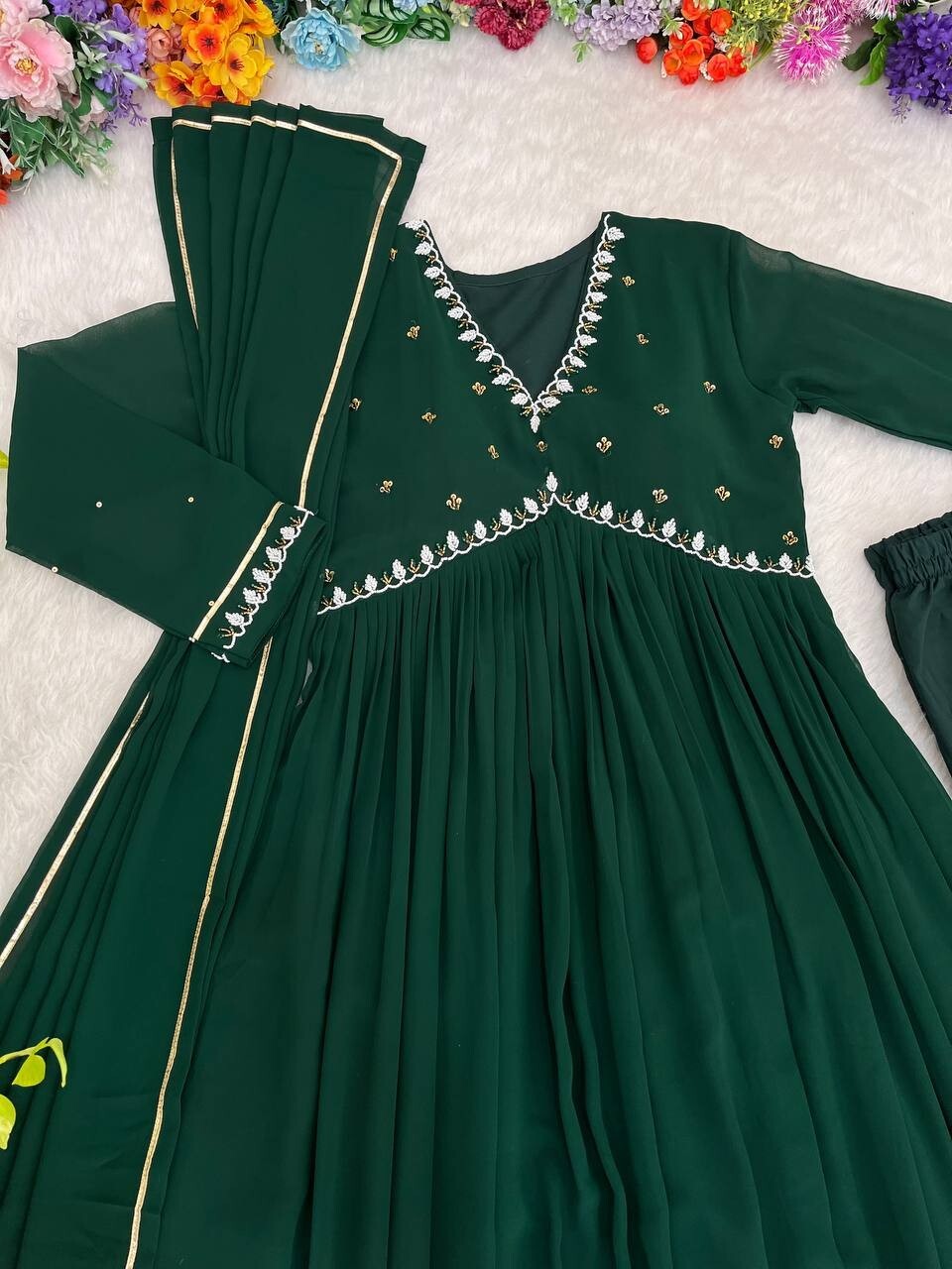 Solid Green Mehendi Outfit Women Indian Pakistani Anarkali Gown Set Georgette