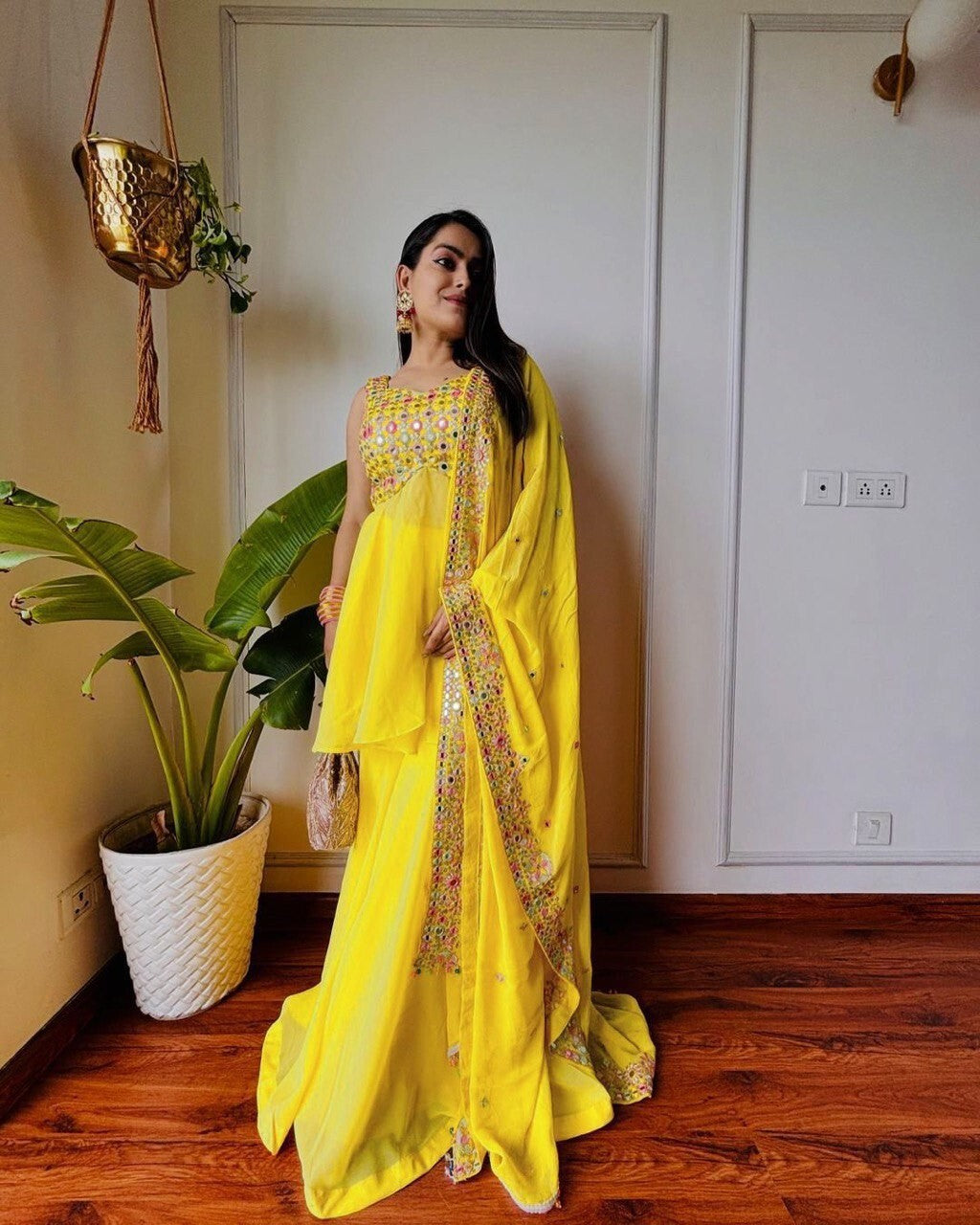 Haldi Outfit for Women - Yellow Plazo Kurti Dupatta Set