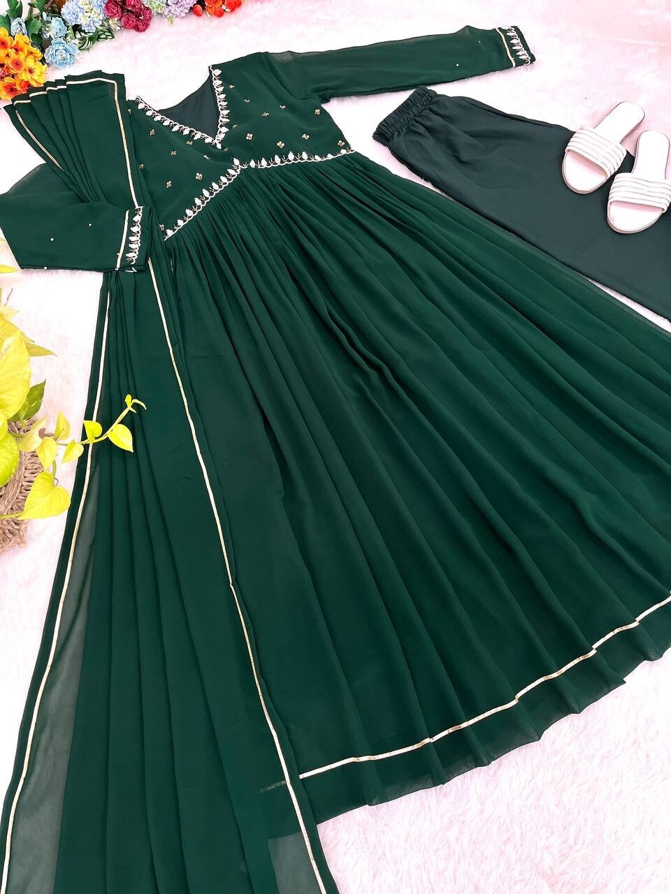Solid Green Mehendi Outfit Women Indian Pakistani Anarkali Gown Set Georgette