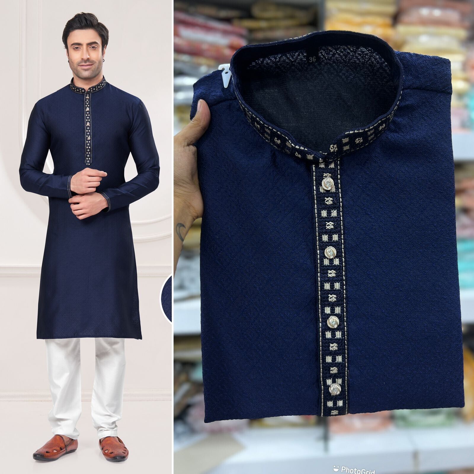 Men's Black Long Silk Kurta Pajama Indian Wedding 2 Piece Set Wedding Kurta