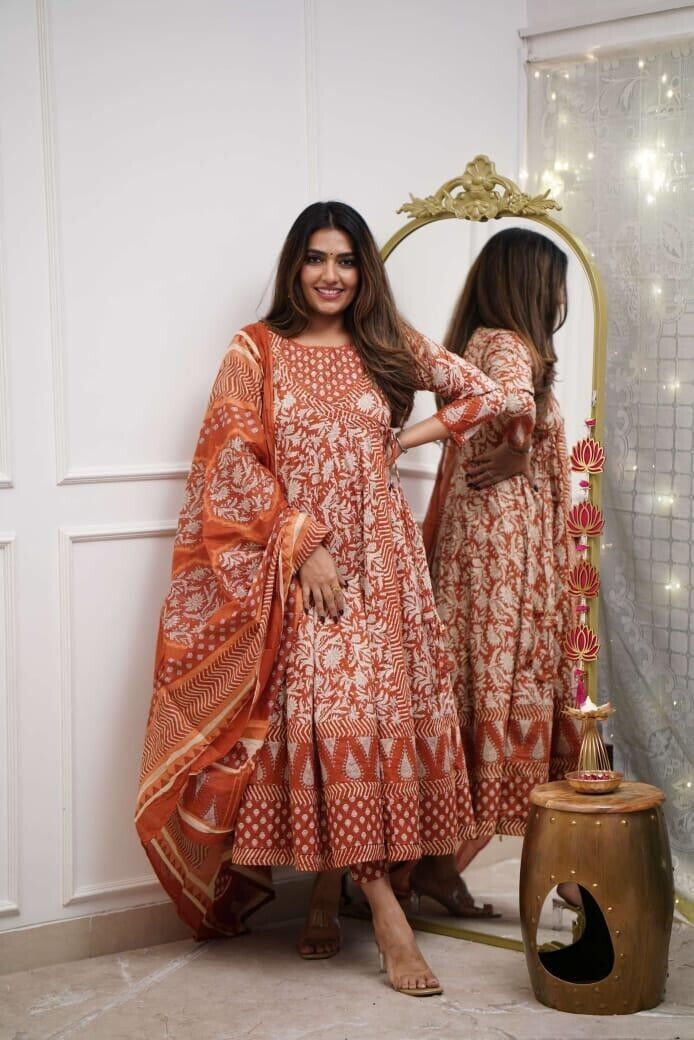 Printed Floral Cotton Anarkali Gown Suit – Bollywood Style Ethnic Wedding Dress