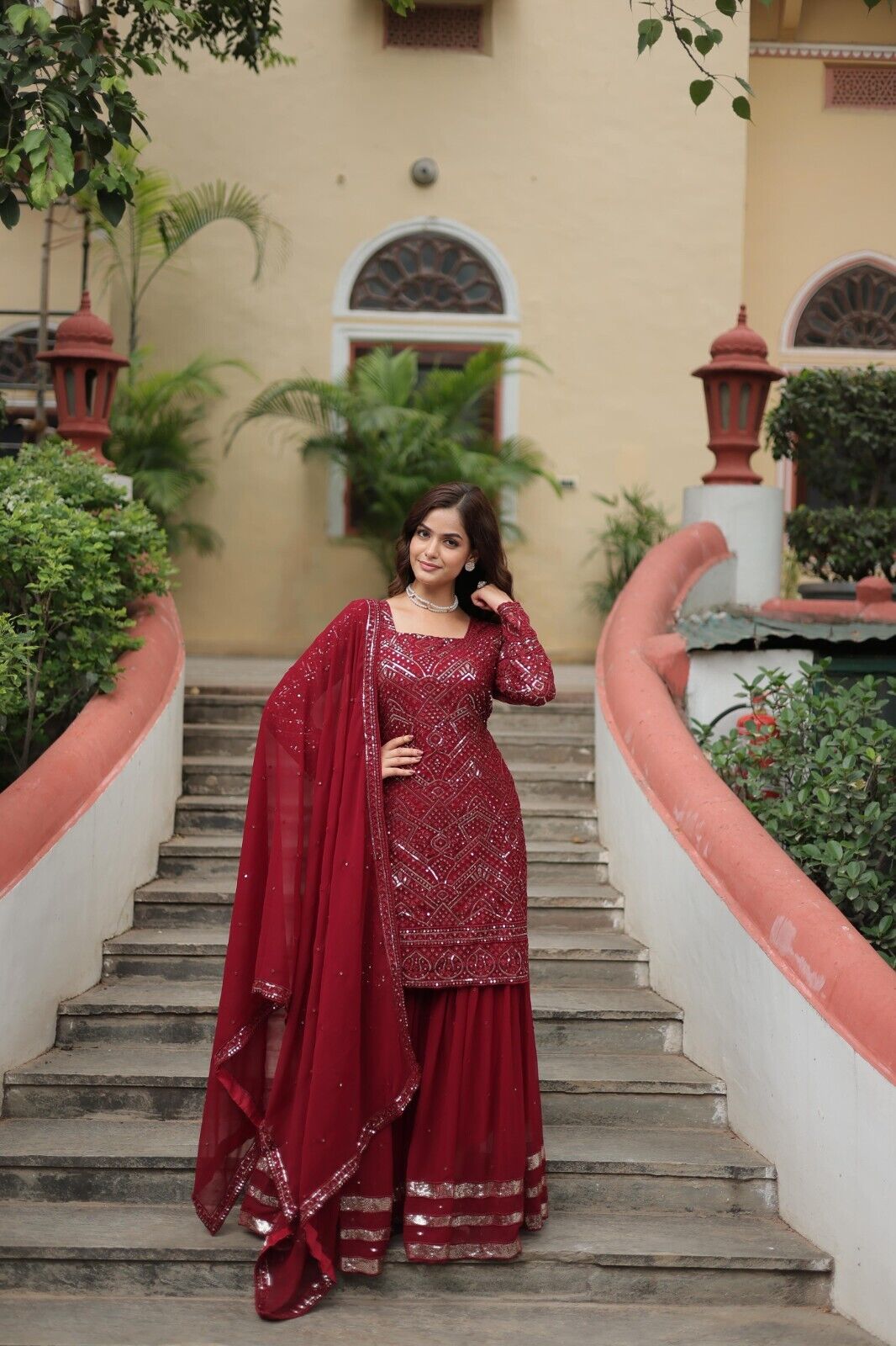 Pakistani Red Sharara Salwar Kameez Ready to Wear Kurti Georgette  Sharara Set