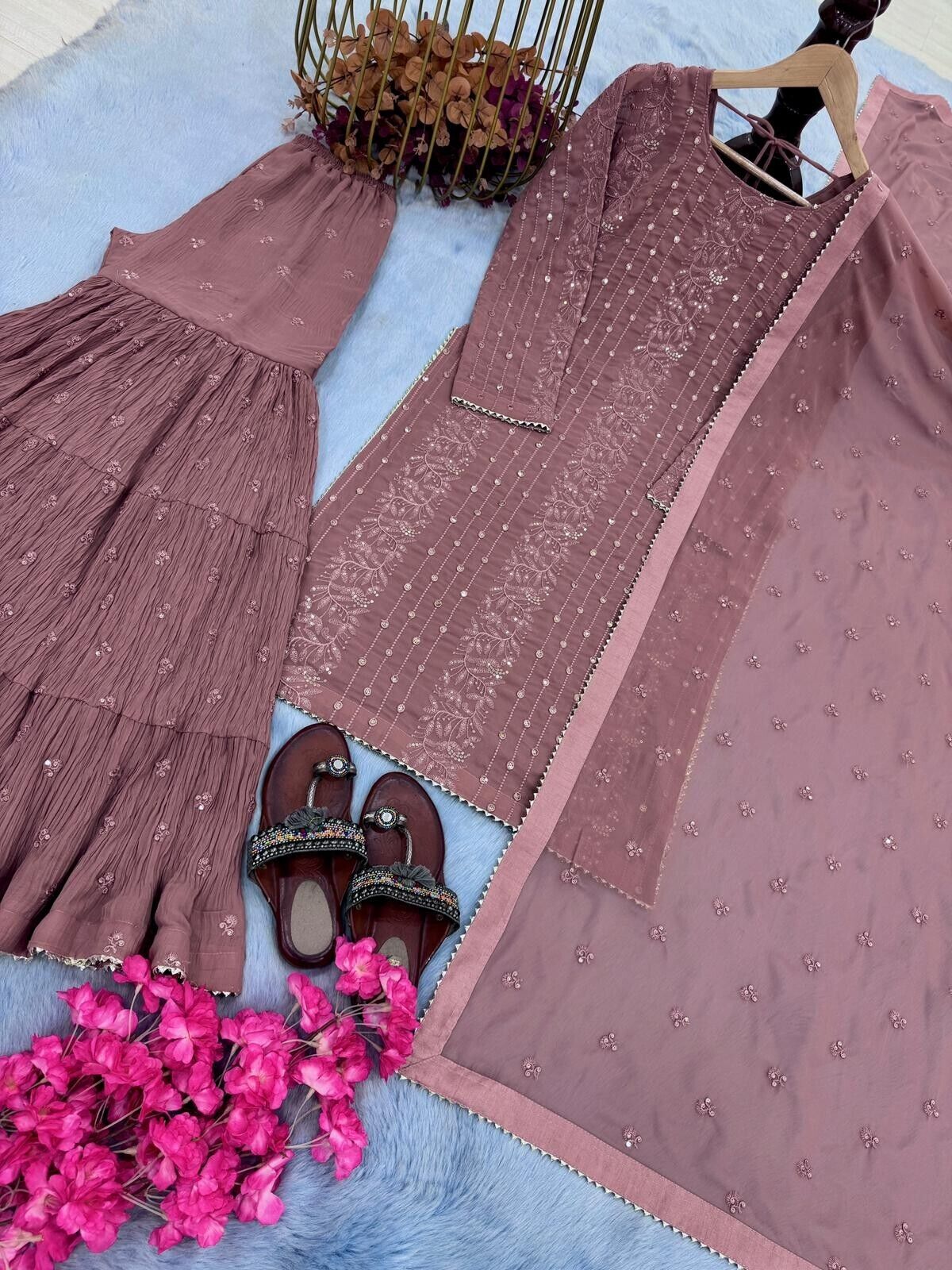 Embroidered Georgette Sharara Palazzo Salwar Kameez Set with Embroidered Dupatta