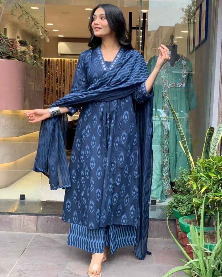 New Cotton Women Anarkali Flared Gown with Pant Salwar suit Embroidery work