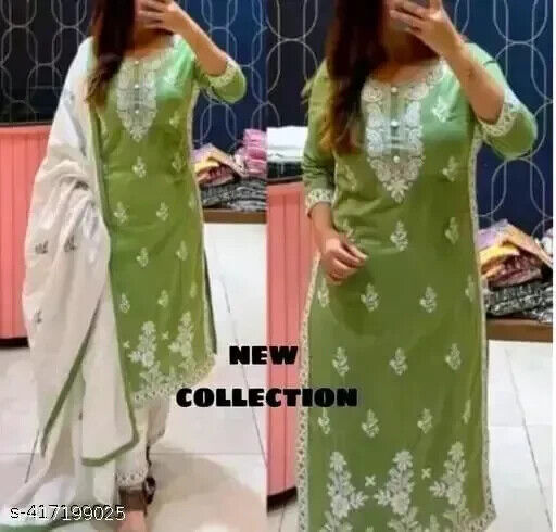 Embroided Cotton Straight kurta Salwar Kameez Suit Set Fabric pant duppatta