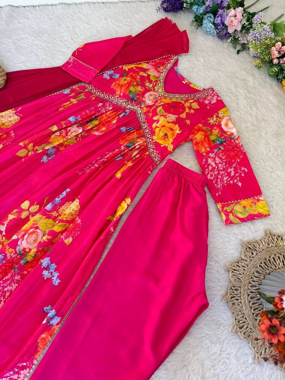 Chinon silk Indian Floral Anarkali Full length flared Gown Set – Readymade