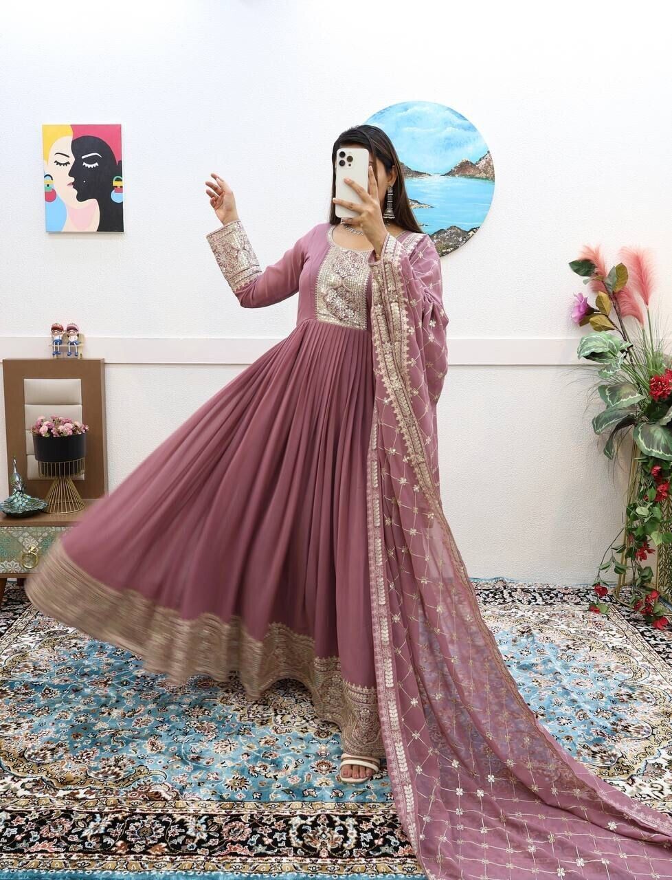 Georgette Embroidered Flared Anarkali Gown Dupatta – Fully Stitched  Ensemble