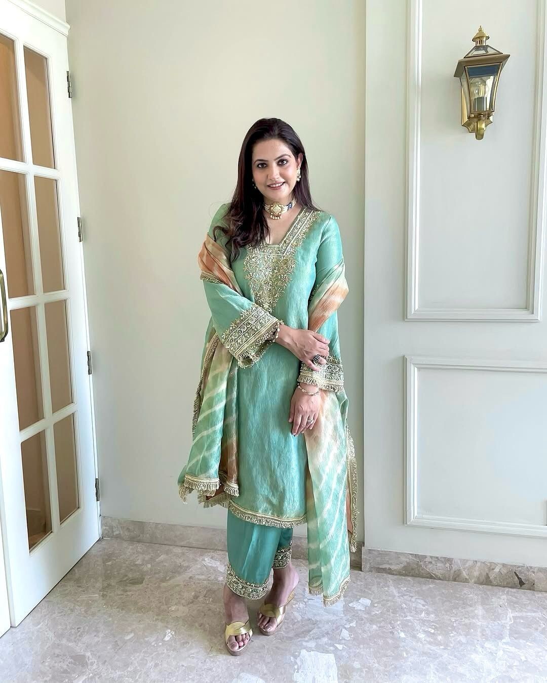 Pure Crunchy Silk Embroidered Party Wear Suit with Sharara & Dupatta