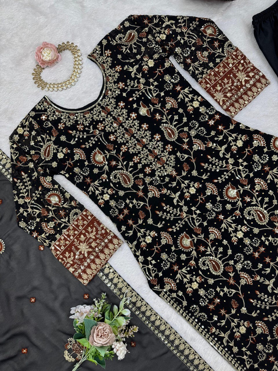 Indian Azrakh Women Kurta Black Designer Dress Ethnic Top Bollywood Gown Dress