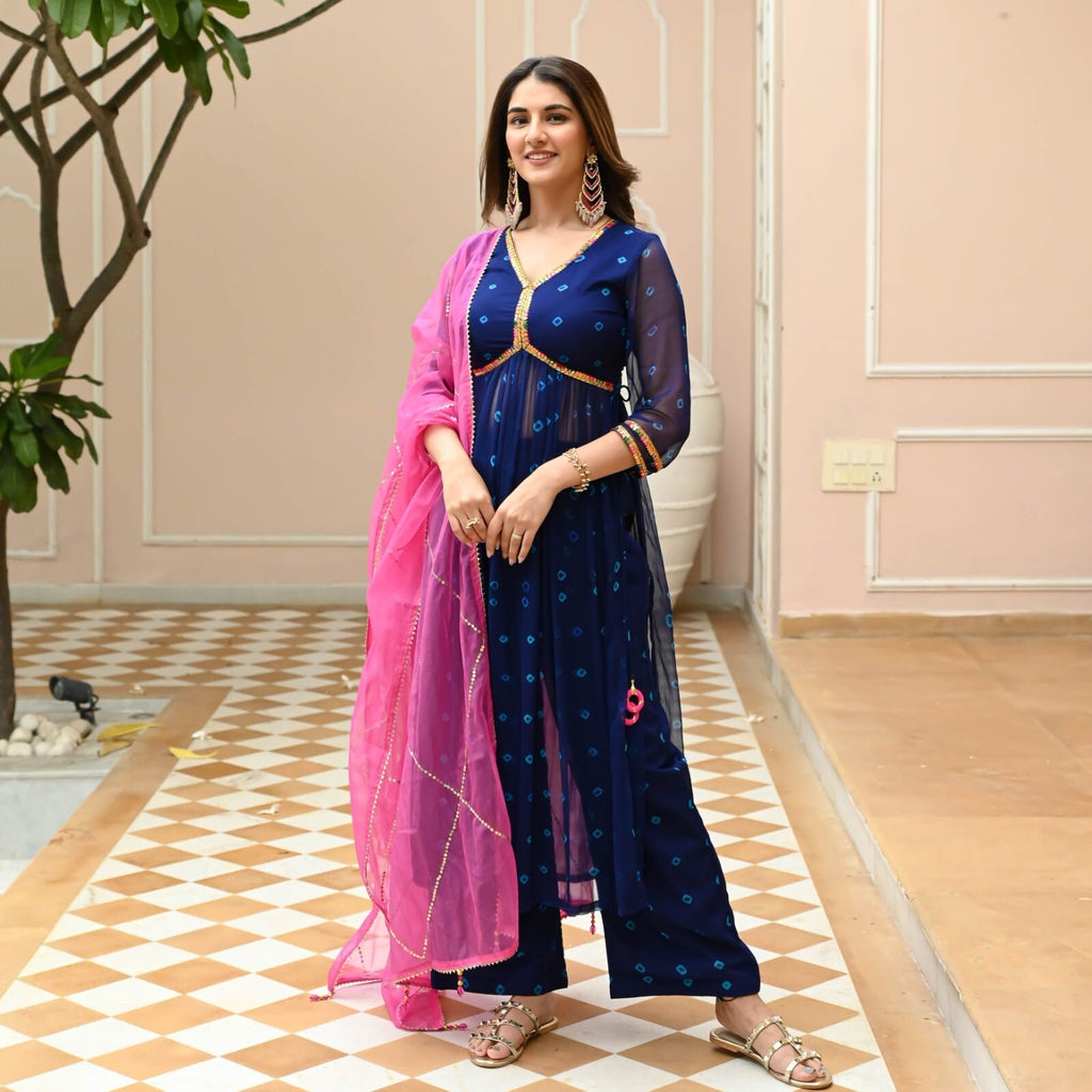 Bollywood Blue Anarkali Suit Set with Dupatta Graceful Indian Ethnic Wear Cotton