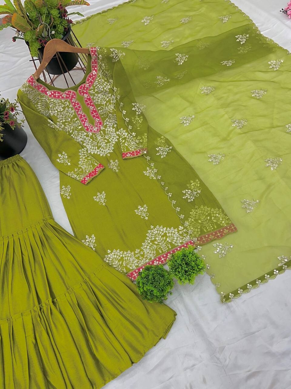 Indian Bollywood Wedding Designer Green Sharara Suit with Heavy Embroidery