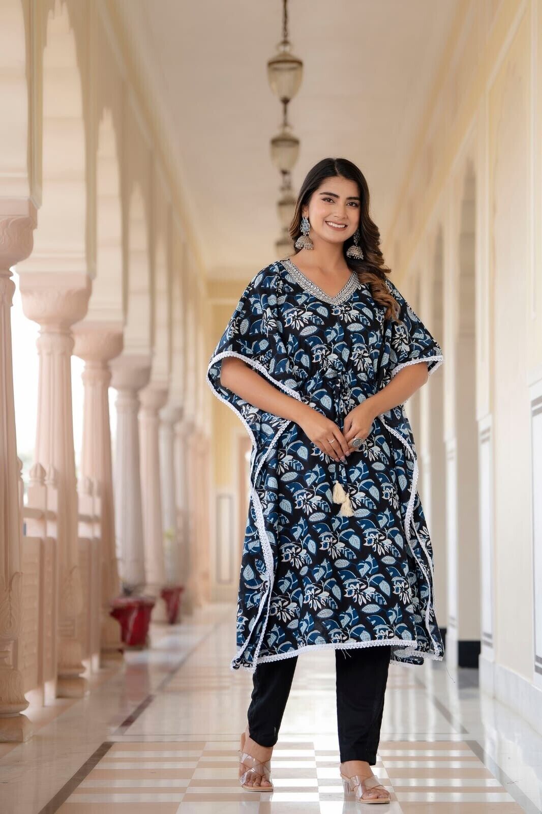 2 pcs Kaftan Style Set – Cotton with Embroidery, Lace Work & Tassel Detailing