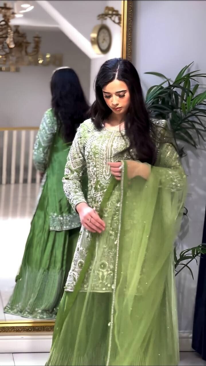 Indian Green Chinnon Silk Sharara Palazzo Salwar Kameez Set with Net Dupatta