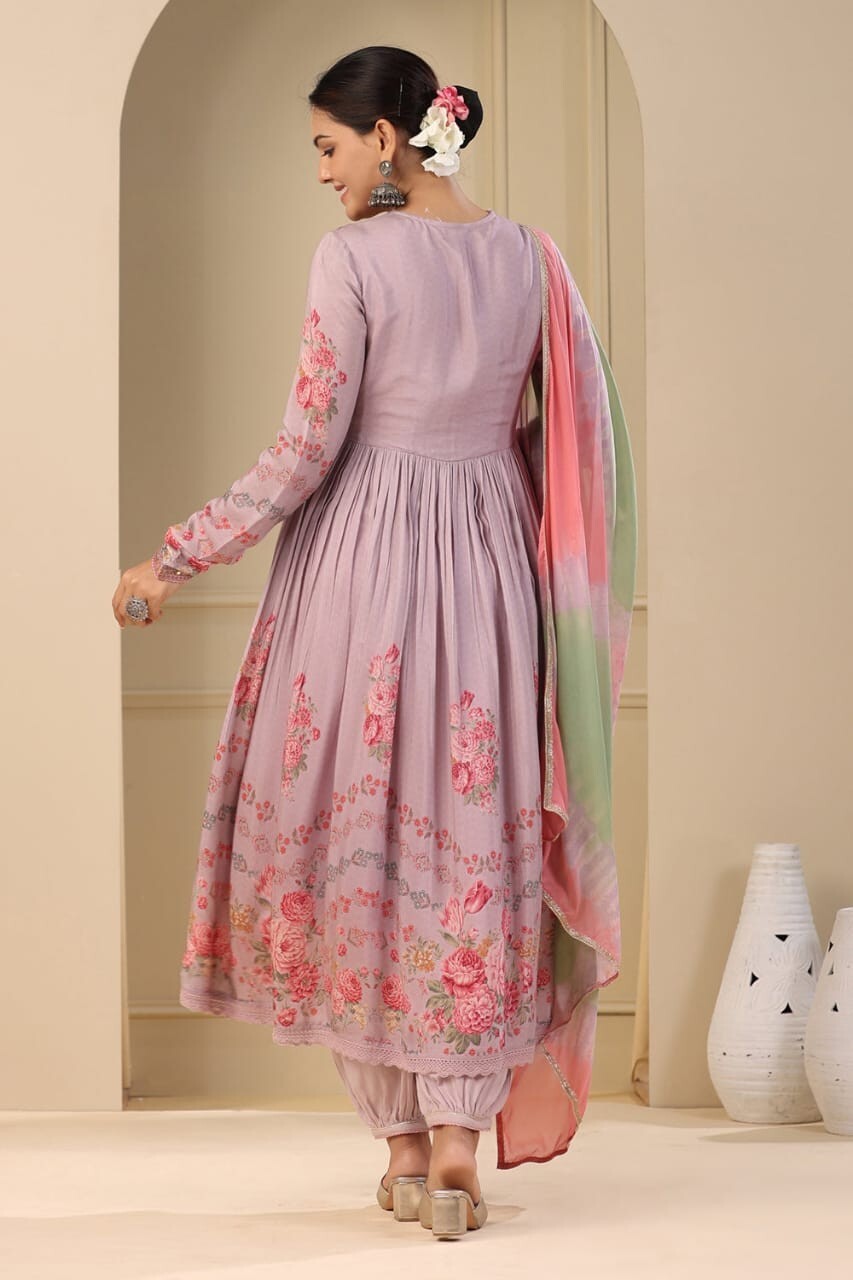 Women's Muslin Silk Alia Cut Salwar kameez Embroidery Digital Shine Print