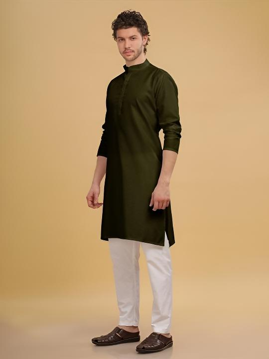 New Men’s Long  Kurta Pajama Party Wear Solid Olive Green Indian S - 7X