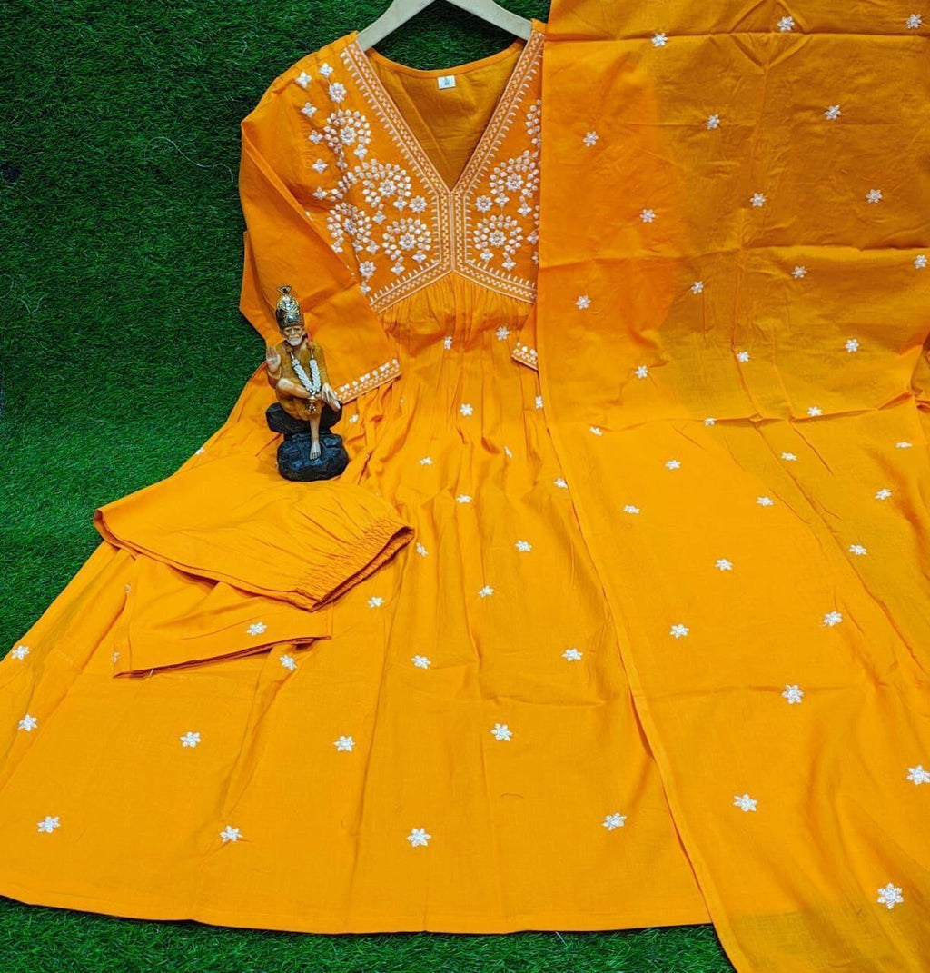 Embroidered cotton  Flared Anarkali Glown Full Length  Kurta,suit 3Pc Set indian