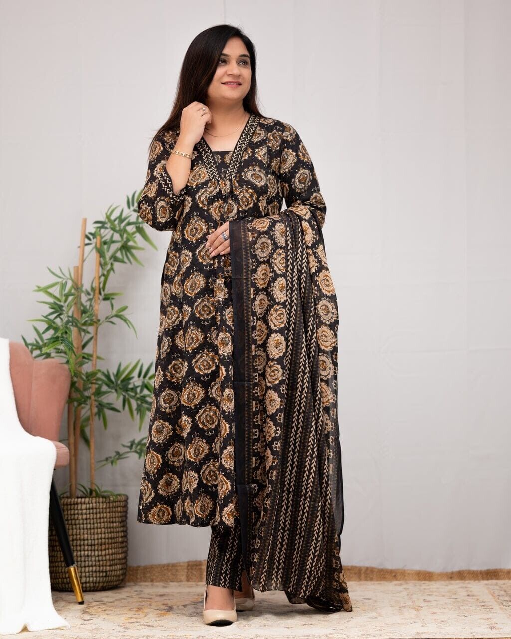 Cotton Designer indian Embroidered Anarkali Kurti Pant with Dupatta Set