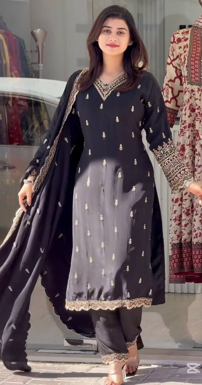 Designer Black Chinnon Silk Salwar Kameez –  Embroidered Suit for parties