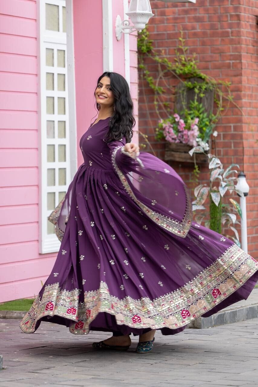 Georgette Pakistani Anarkali Gown Salwar Kameez Set with Embroidered Net
