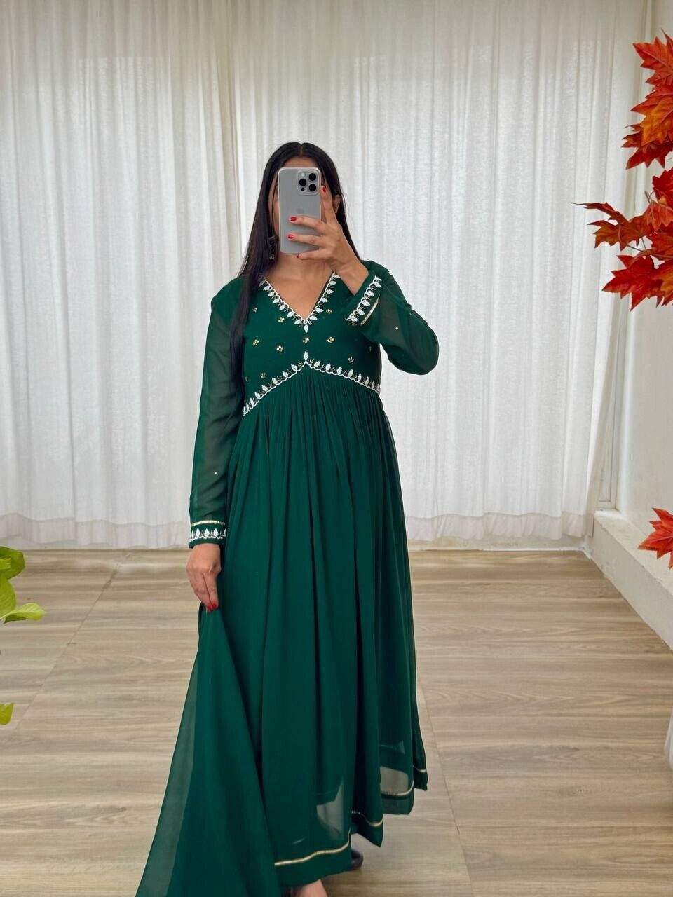 Solid Green Mehendi Outfit Women Indian Pakistani Anarkali Gown Set Georgette